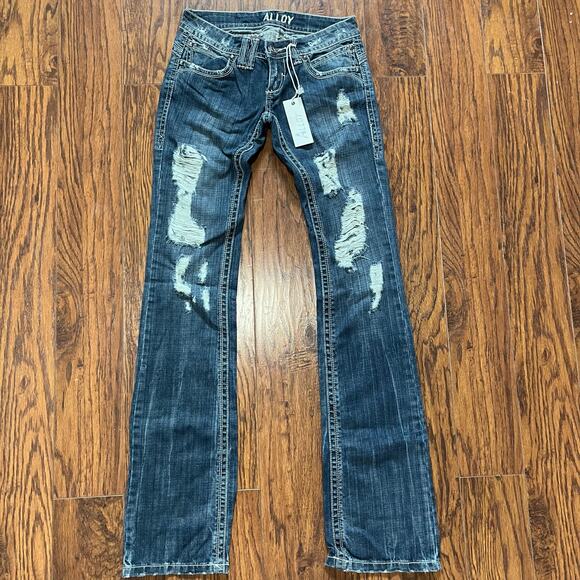 Alloy Distressed Low Rise Mini Bootcut Denim Blue Flap Pocket Jeans Woman Size 3 - Picture 1 of 8